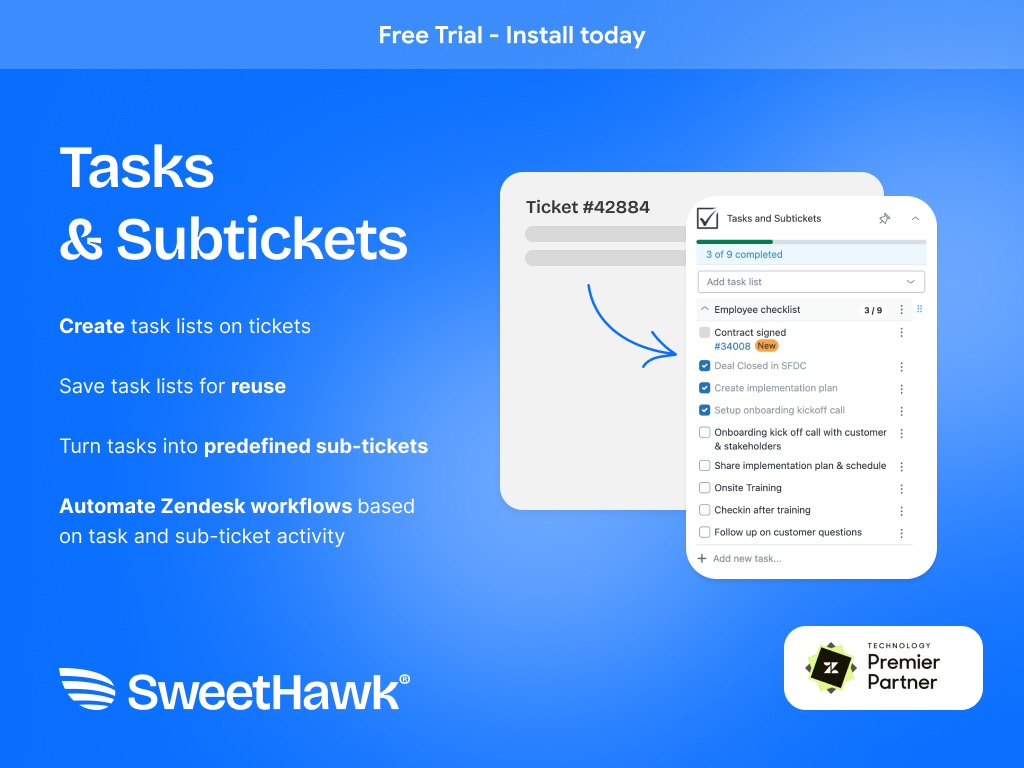 Tasks and Subtickets primary marketing image — Workflows app on the Zendesk Marketplace